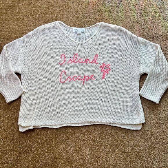 Vintage‎ Havana Womens White Pink Island Escape Embroidered Knit Sweater Medium - Picture 1 of 9